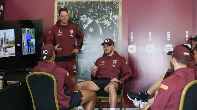 Hugh van Cuylenburg with the Queensland players during their pre-Origin training camp.