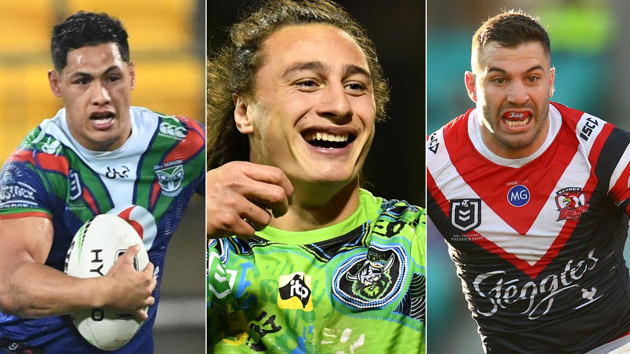 Charnze Nicoll-Klokstad (centre) is punching above his pay cheque with the likes of Roger Tuivasa-Sheck and James Tedesco.