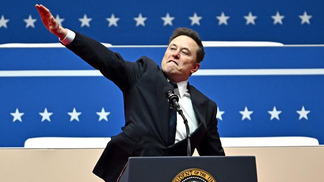 Tesla and SpaceX CEO Elon Musk gestures as he speaks during the inaugural parade inside Capitol One Arena, in Washington, DC, on January 20, 2025. Photo: ANGELA WEISS / AFP