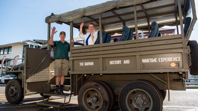 Head of The Darwin History and Wartime Experience David Leck and Shadow Tourism Minister Marie-Clare Boothby, as the CLP pledges $3m to establish the NT as a military tourism destination if it wins the election. Picture: Pema Tamang Pakhrin