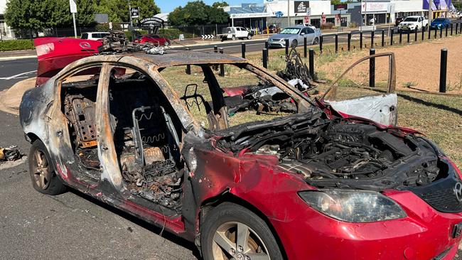 A burnt car which was spotted on the side of Mitchell Hwy in Dubbo.