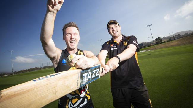 Luke Graham from the TSL Tigers and Kingborough Knights cricketer Jake Vincent will contest a friendly T20 to raise money for bushfire relief on Friday night. Picture: LUKE BOWDEN