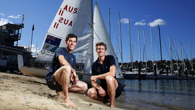 Olympic sailing gold medal favourites Mat Belcher and Will Ryan prior to a Sydney training session.