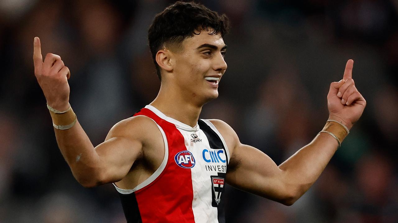 MELBOURNE, AUSTRALIA - MAY 02: Hugo Garcia of the Saints celebrates a goal during the 2025 AFL Round 08 match between the St Kilda Saints and the Fremantle Dockers at Marvel Stadium on May 2, 2025 in Melbourne, Australia. (Photo by Michael Willson/AFL Photos via Getty Images)