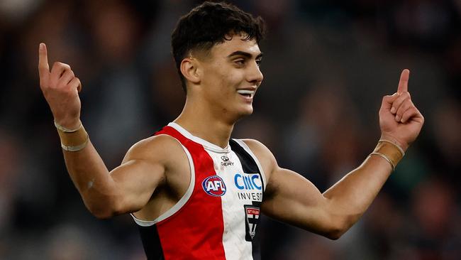 MELBOURNE, AUSTRALIA - MAY 02: Hugo Garcia of the Saints celebrates a goal during the 2025 AFL Round 08 match between the St Kilda Saints and the Fremantle Dockers at Marvel Stadium on May 2, 2025 in Melbourne, Australia. (Photo by Michael Willson/AFL Photos via Getty Images)