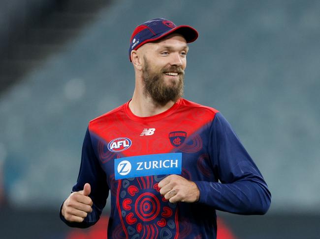 MELBOURNE, AUSTRALIA - MAY 04: Max Gawn of the Demons warms up before the 2024 AFL Round 08 match between the Melbourne Demons and the Geelong Cats at The Melbourne Cricket Ground on May 04, 2024 in Melbourne, Australia. (Photo by Dylan Burns/AFL Photos via Getty Images)