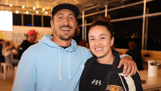 Rhys Simi and Jess Zambesi at the WSL Gold Coast Pro 2025 after party at Burleigh Pavilion for Gold Coast at Large. Picture, Portia Large.