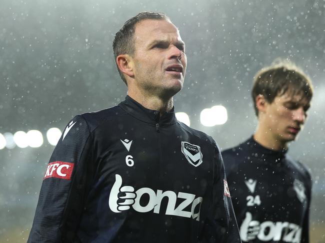 WELLINGTON, NEW ZEALAND - APRIL 12: Leigh Broxham of the Victory leaves the field after warming up during the A-League Men round 24 match between Wellington Phoenix and Melbourne Victory at Sky Stadium, on April 12, 2024, in Wellington, New Zealand. (Photo by Hagen Hopkins/Getty Images)