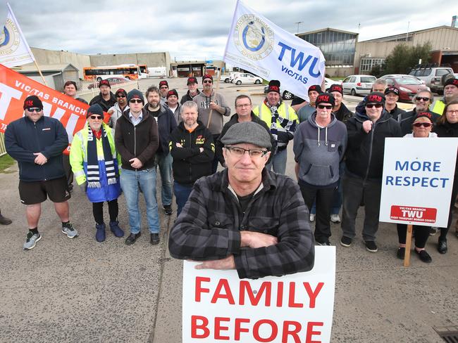 CDC bus strike in Geelong, Lee Vizsai bus driver with fellow workers on strike. Picture: Glenn Ferguson