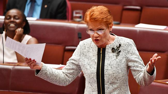 One Nation leader Pauline Hanson was given priority seats at Yiannopoulos’s speech today. Picture: AAP