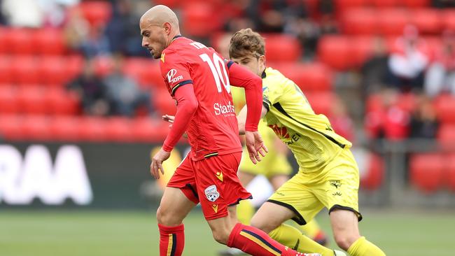 Adelaide United’s James Troisi was very good in the first half of the loss to Wellington Phoenix at Coopers Stadium. Picture: Photo by Robert Cianflone/Getty Images.