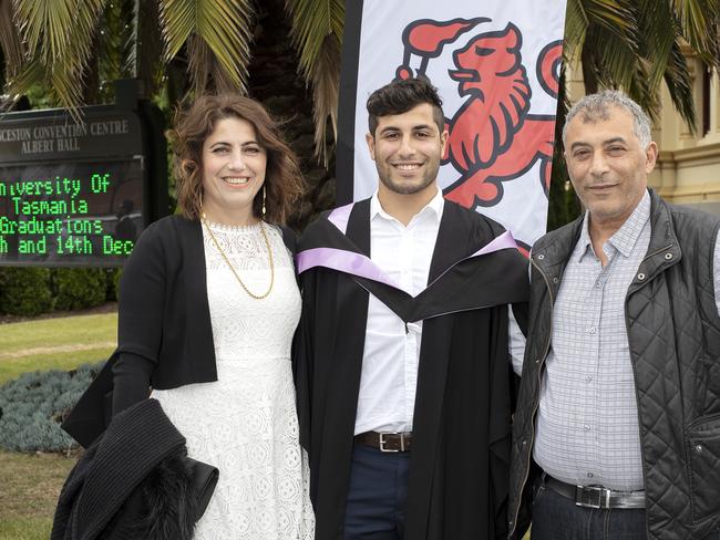 Jocelyn, Zac and Joe Mahmoud at the UTAS Graduation at Launceston. PICTURE CHRIS KIDD