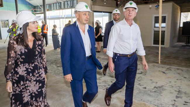 Sports Minister, Jane Howlett, Chairman of the Tasmania JackJumpers Larry Kestelman, and Tasmanian Premier Peter Gutwein inspect the Derwent Entertainment Centre. Picture: RICHARD JUPE