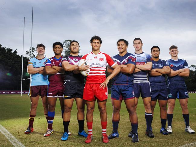 Langer Trophy Competitors Seth Nikotemo (Keebra Park SHS), Karl Oloapu (Wavell SHS), Chris Faagutu (Marsden SHS), Tanu Nona (PBC SHS), Josiah Pahulu (Ipswich SHS), Lewis Symonds (Coombabah SHS), Kena Finau (Mabel Park SHS), and Jack Cameron (Redcliffe SHS) pictured at Red Hill. Picture Lachie Millard