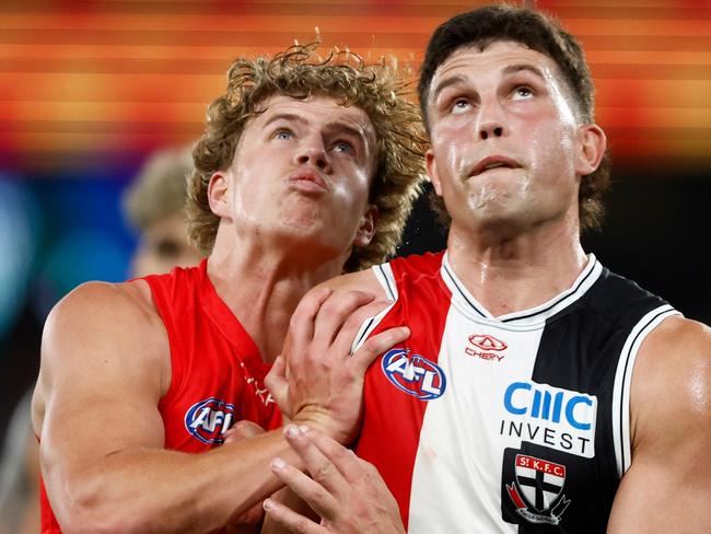 MELBOURNE, AUSTRALIA - JUNE 08: Jed Walter of the Suns and Rowan Marshall of the Saints compete for the ball during the 2024 AFL Round 13 match between the St Kilda Saints and the Gold Coast SUNS at Marvel Stadium on June 08, 2024 in Melbourne, Australia. (Photo by Michael Willson/AFL Photos via Getty Images)