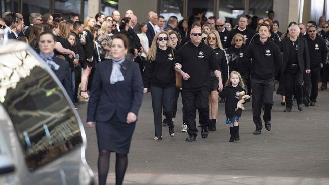The funeral for two-time Olympian and ninja warrior contestant Paul Lyons was held at Moonee Valley Race Club. Picture: Ellen Smith