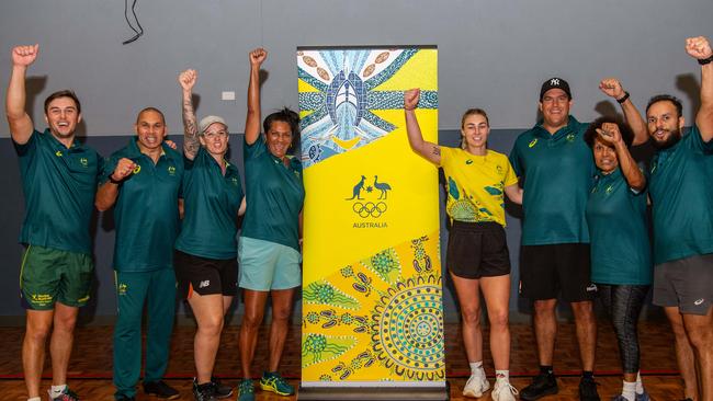 Keegan Popowski, Patrick Johnson, Shana-Ann Casimiro, Nova Peris, Mariah Williams, Travis Carroll, Dawn Baira and Tj Cora as Olympians and scholarship coaches run training sessions for Katherine youth at RAAF Base Tindal. Picture: Pema Tamang Pakhrin