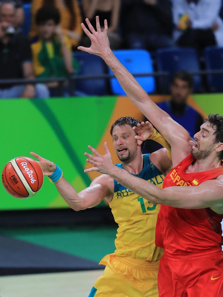 Rio Olympics 2016. The Bronze Medal Men's Basketball match between Australia and Spain at Olympic Park, Rio de Janeiro, Brazil. David Anderson for Australia, left. Picture: Alex Coppel.