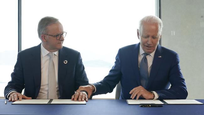 Joe Biden and Anthony Albanese at their bilateral meeting on Saturday. Picture: Pool / Getty Images