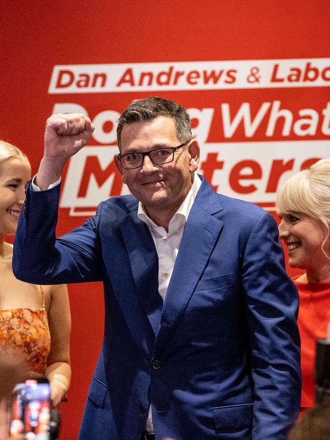 Dan Andrews celebrates winning the 2022 election. Picture: Jake Nowakowski