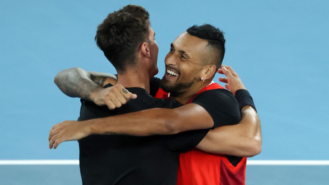 MELBOURNE, JANUARY 29, 2021: Australian Open Tennis 2022. Nick Kyrgios and Thanasi Kokkinakis celebrate their win against Matthew Ebden and Max Purcell during the mens doubles final on Rod Laver Arena. Picture: Mark Stewart