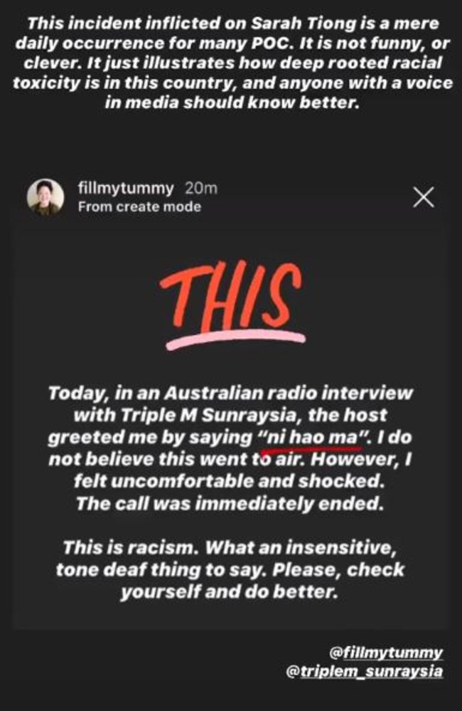 Melissa Leong threw her support behind Sarah today, condemning the Triple M interview. Picture: Instagram