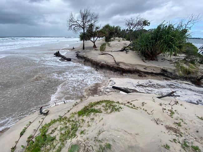 A king tide and huge swells combined to break through part of Bribie Island, creating a second bar into the Pumicestone Passage. The opening has widened to about 300m after recent storms.