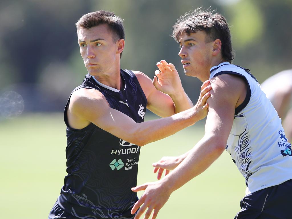 Carlton recruit Jagga Smith (left) is part of an exciting crop of 2025 SuperCoach cheapies. Picture: David Crosling