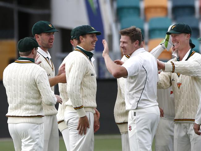 Tas v NSW day one at Blundstone arena , picture of bowler James Falkner centre taken first NSW batsman Ed Cowen