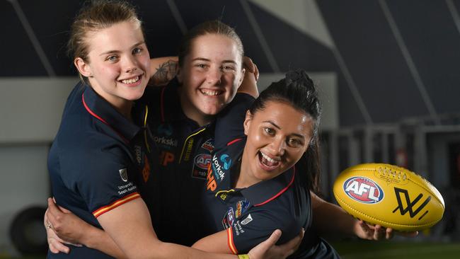 Crows draftees Chloe Scheer, Katelyn Rosenzweig and Hannah Martin. Picture: Tricia Watkinson