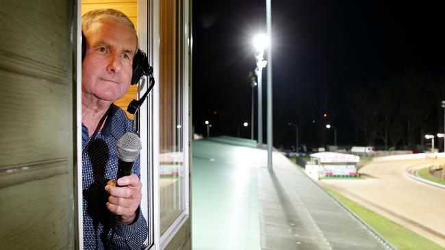 Veteran racecaller John McDermott has been a fixture at Gosford greyhounds since the mid-1970s. Pictures: Troy Snook