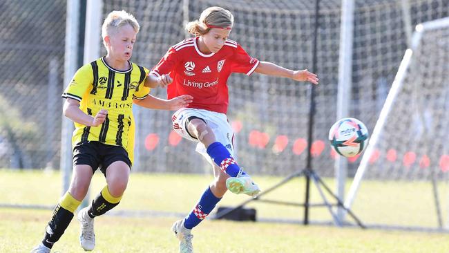 SOCCER: Junior football carnival, Maroochydore. Gold Coast Knights (red) V Moreton Bay United, boys. Picture: Patrick Woods.