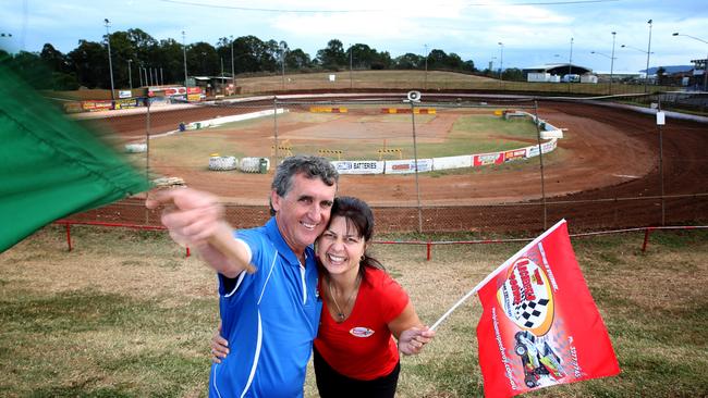 Archerfield Speedway managers John Kelly and Kathy Kelly in 2016 when it was confirmed the speedway would be staying at Archerfield for at least two more years. Picture: Renae Droop