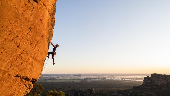 Ashlee Hendy climbs Koalasquatsy Crag in the Grampians. Picture: Simon Carter