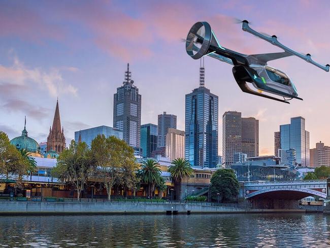 An ariutst’s impression of an Uber Air aircraft flying over Melbourne’s Yarra River. Picture: Supplied