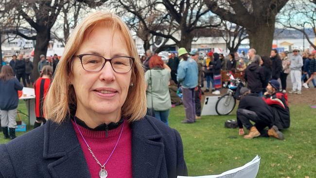 Kate Eagles from the Tasmanians for Truth group rallying against the Covid-19 vaccine rollout. Picture: ANNIE MCCANN