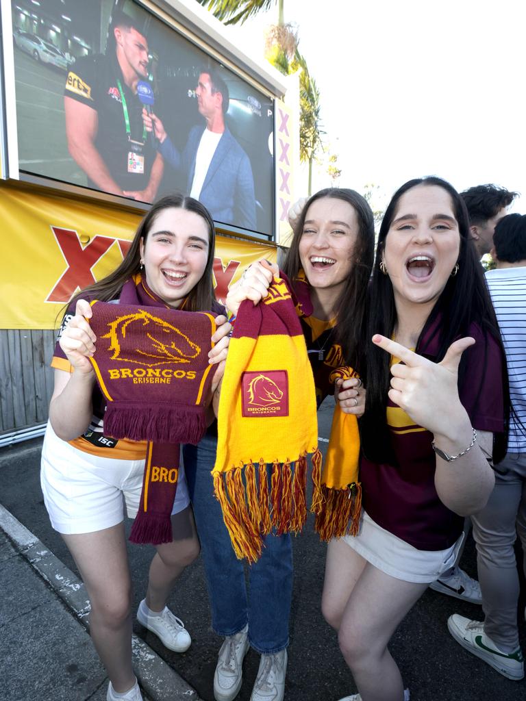 L to R, Erin Jones from Wilston, Grace Scotney from Brighton, Georgia Sankey from Albion, at the Caxton Hotel Caxton Street, Grand Final Live Site, on Sunday 1st October 2023 - Photo Steve Pohlner