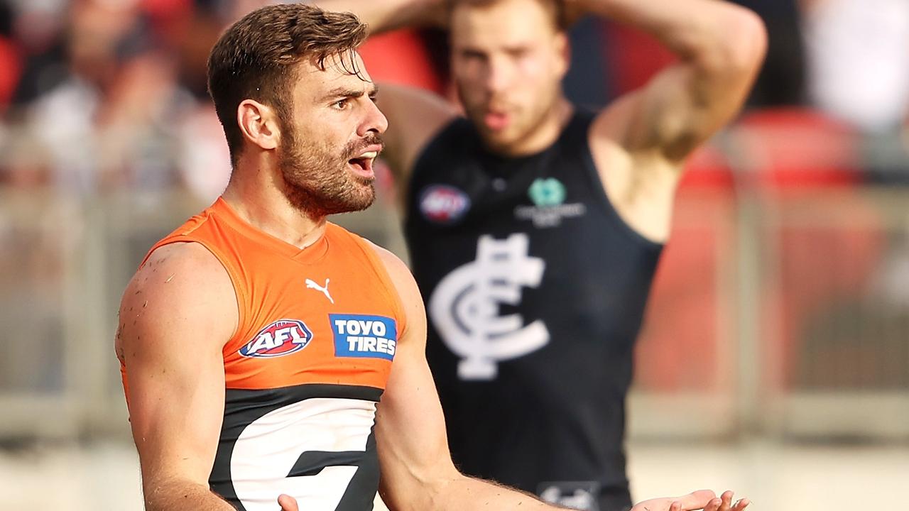 GWS midfielder Stephen Coniglio gave away a costly free kick for umpire dissent late in the tense clash between the Giants and Blues. Picture: Mark Kolbe / Getty Images