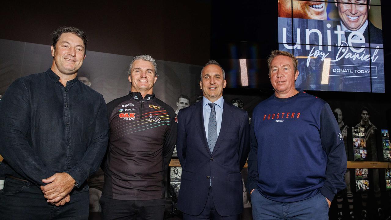 Nathan Hindmarsh, Ivan Cleary, NRL CEO Andrew Abdo and Trent Robinson at the launch of the Daniel Anderson Foundation. Picture: Justin Lloyd.