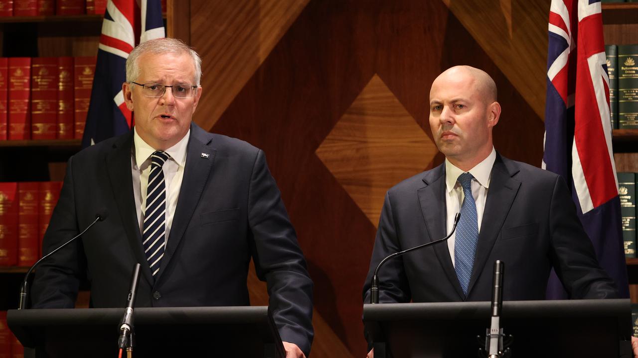 Prime Minister Scott Morrison with Josh Frydenberg. Picture: Jason Edwards