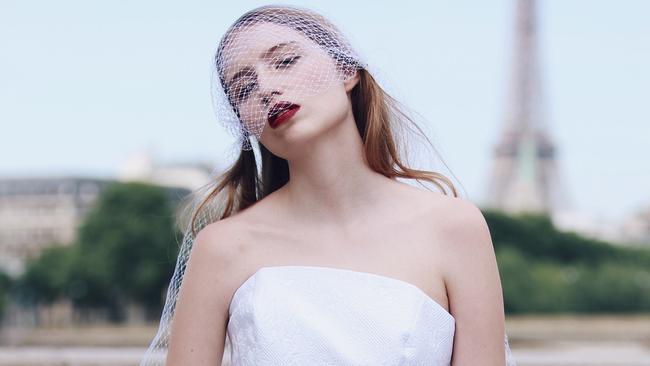 Model Romaine Aiassa wearing Cristina Tridente’s brocade jumpsuit and skirt in Paris. Picture: Weronika Mamot