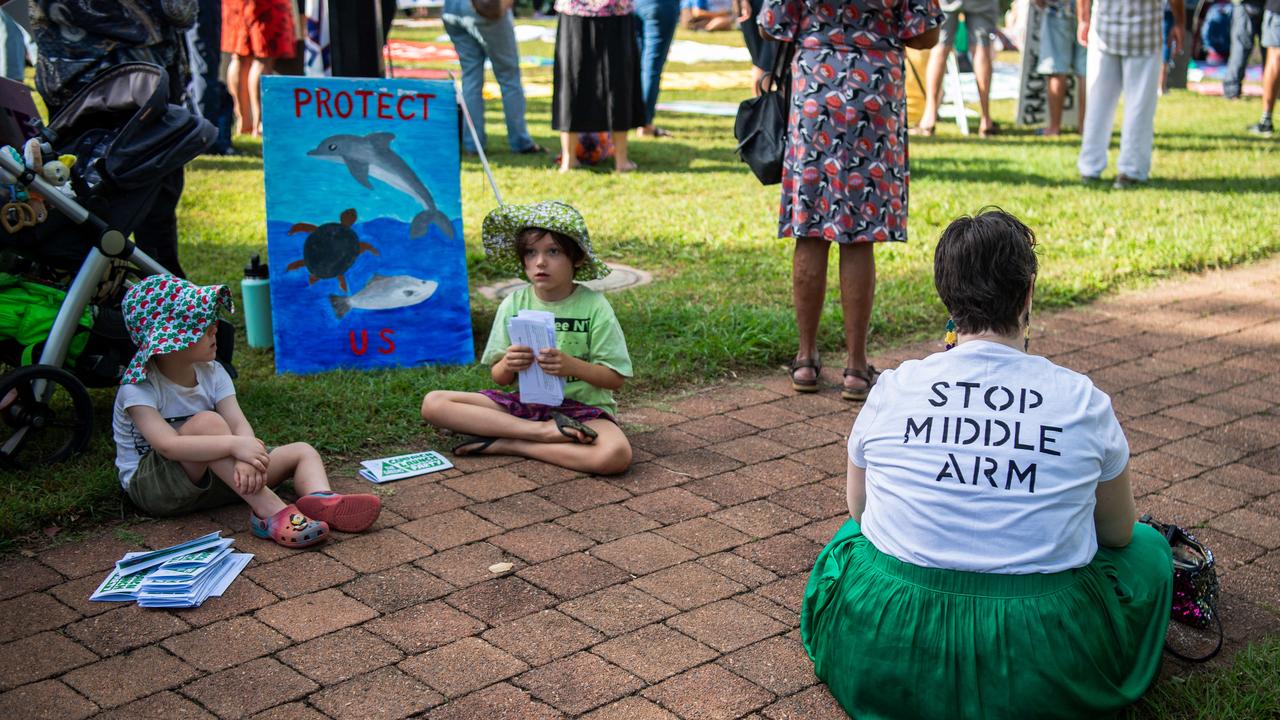 More than a hundred gathered to protest Middle Arm ahead of the second day of public hearings about the proposed development in Darwin. Picture: Pema Tamang Pakhrin