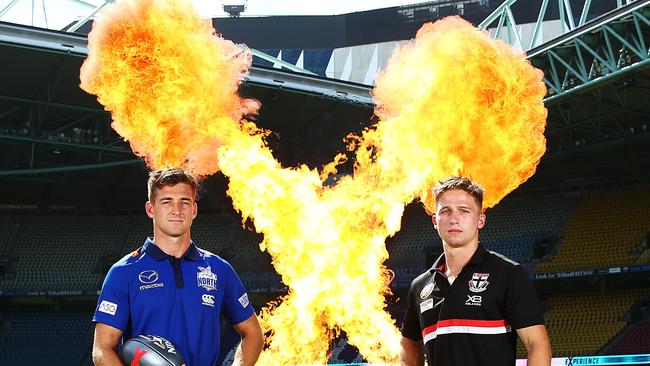 Shaun Atley and Jack Billings at the AFLX launch. Picture: Getty Images