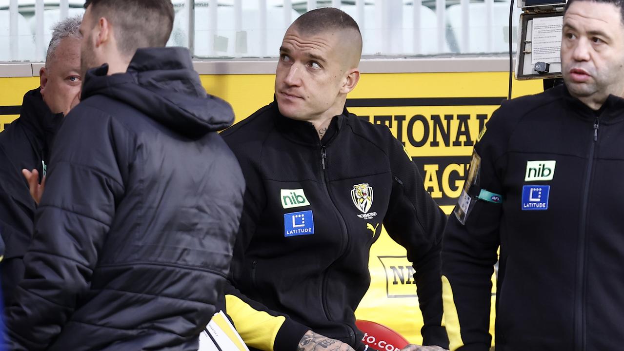 MELBOURNE, AUSTRALIA - JULY 03: Dustin Martin of the Tigers is seen in the bench after being subbed out of the game during the round 16 AFL match between the Richmond Tigers and the West Coast Eagles at Melbourne Cricket Ground on July 03, 2022 in Melbourne, Australia. (Photo by Darrian Traynor/Getty Images)