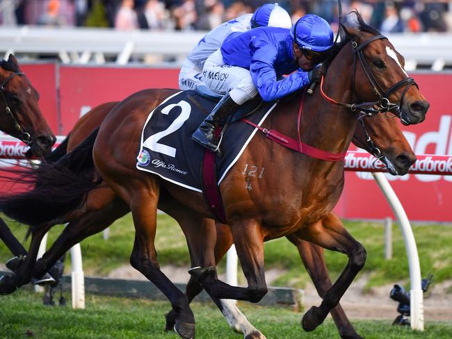 Jockey Kerrin McEvoy rides Trekking to victory in Race 10, the Alfa Romeo Schillaci Stakes,  during the Caulfield Guineas Day at Caulfield Racecourse in Melbourne, Saturday, October 12, 2019. (AAP Image/Vince Caligiuri) NO ARCHIVING, EDITORIAL USE ONLY