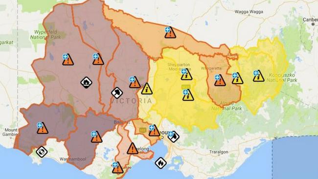 The map shows the areas most affected by floods in Victoria, taking up much of the state. Picture: Courtesy SES Victoria