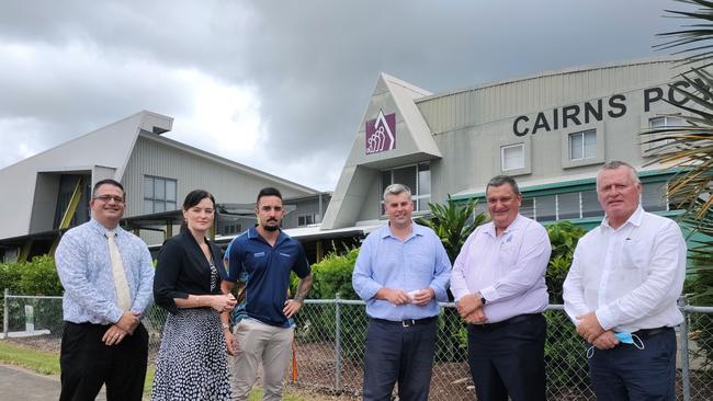 Youth Justice Department Deputy Director-General Phillip Brooks, Youth Justice Minister Leanne Linard, Youth Justice co-responder Joel Karwan, Police Minister Mark Ryan, Queensland Police Union Far North executive member Gil Dyett and Cairns MP Michael Healy visit Cairns PCYC earlier this year in the wake of Bradley Smith’s stolen car death. Picture: Chris Calcino