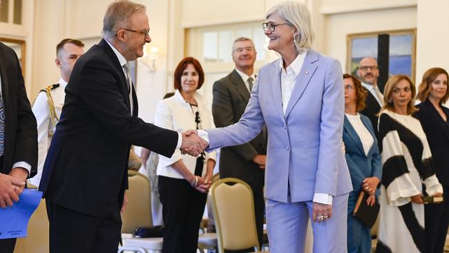 Prime Minister Anthony Albanese was greeted by Governor-General Sam Mostyn. Picture: NewsWire / Martin Ollman