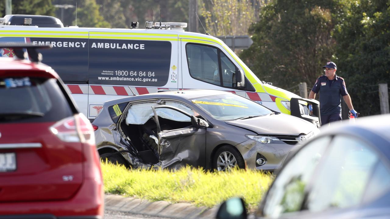 Two car crash at the junction of Whitehorse Road and Bellarine Highway, Moolap. Picture: Alan Barber