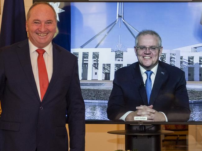 CANBERRA, AUSTRALIA - NewsWire Photos JUNE 22, 2021: Barnaby Joyce MP, Prime Minister of Australia Scott Morrison and Governor-General, His Excellency General the Honourable David Hurley at the swearing-in ceremony at Government House, Canberra. Picture: NCA NewsWire / Martin Ollman